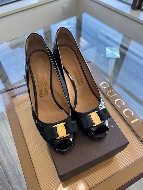 Salvatore Ferragamo Shoes - Salvatore Ferragamo Black Patent Peep-Toe Pumps with Bow